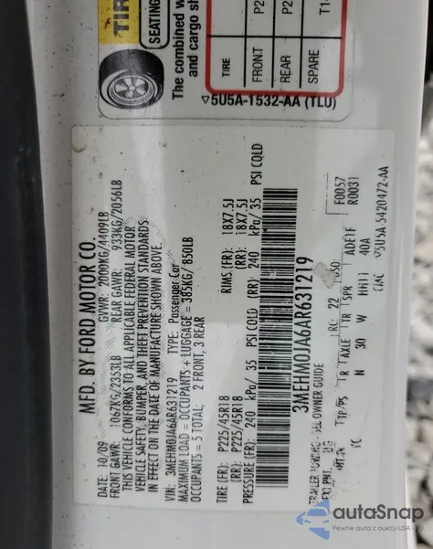 2010 Mercury Milan Premier из США, поврежденный, VIN 3MEHM0JA6AR631219